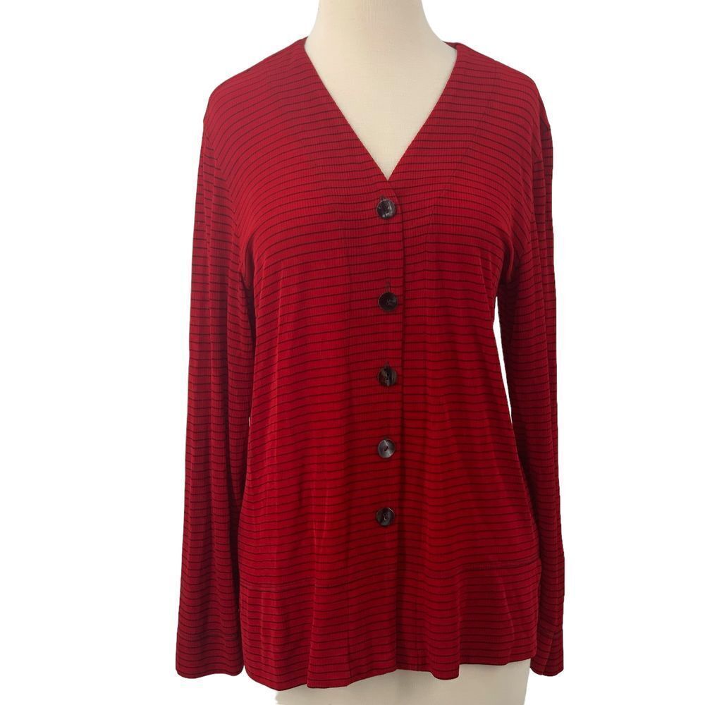 Chico's Travelers V-Neck Red/Black‎ Striped Button Down Slinky Cardigan Size 1 M
